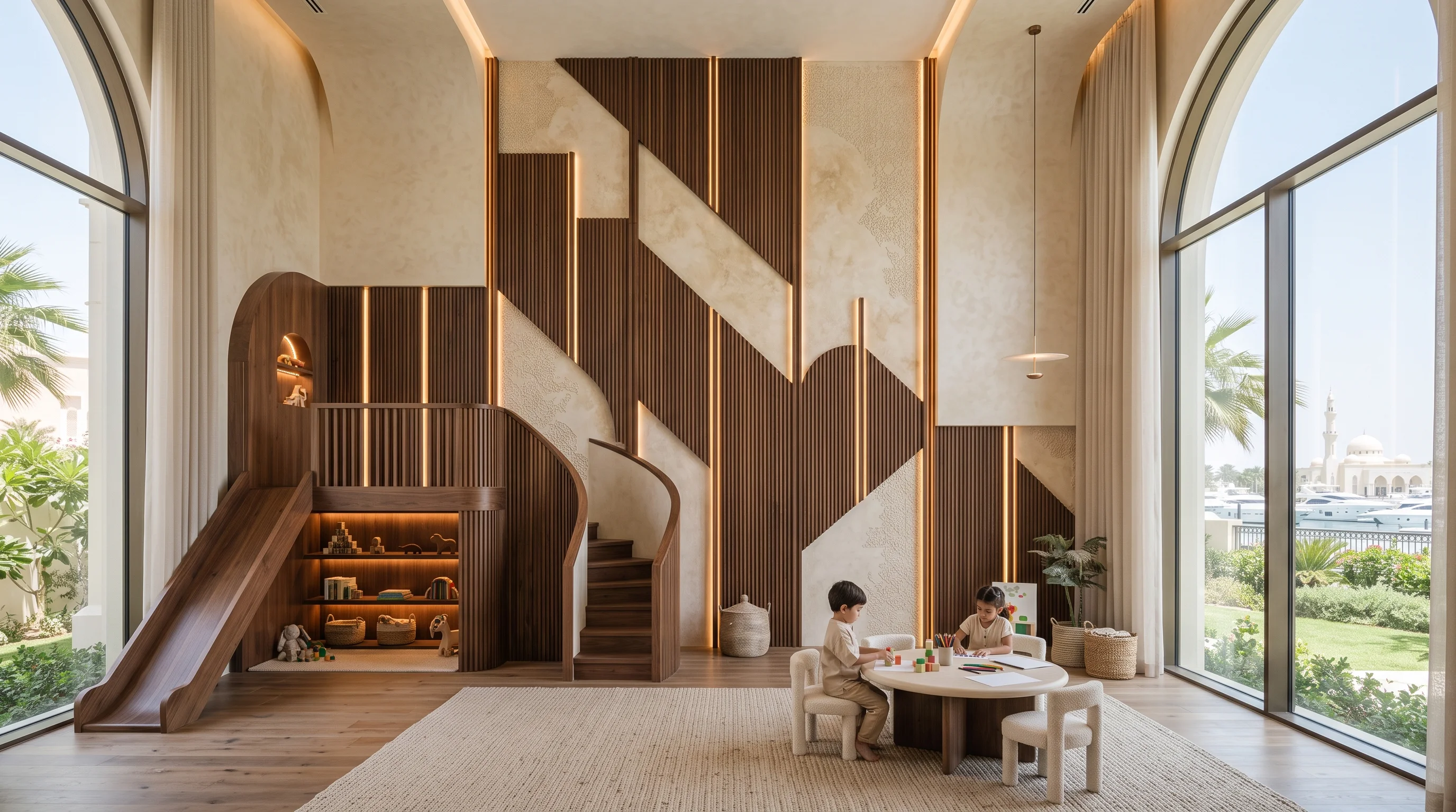 Acoustic fluted white oak wall panelling in West Bay Lagoon residence